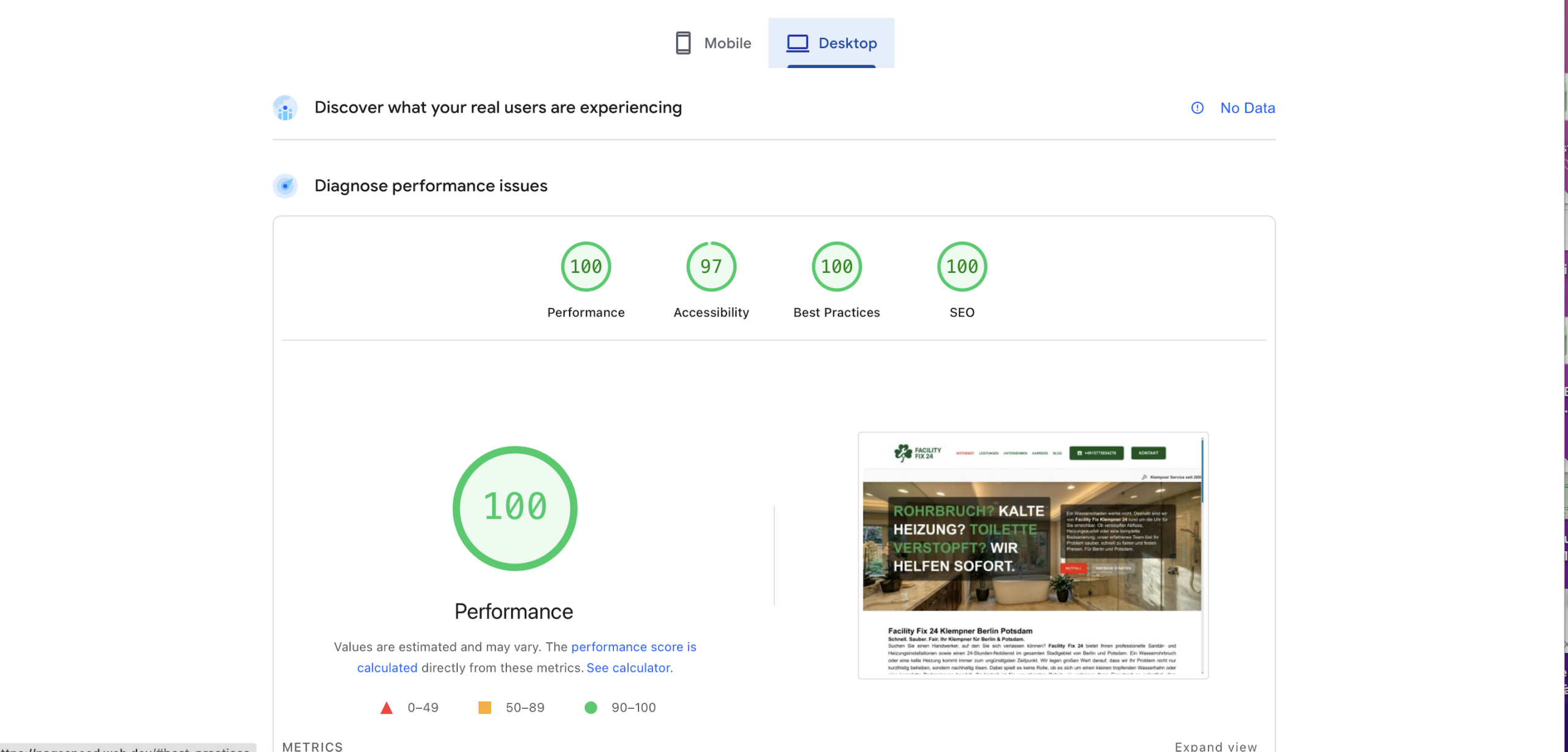 Google PageSpeed Insights Desktop Score
